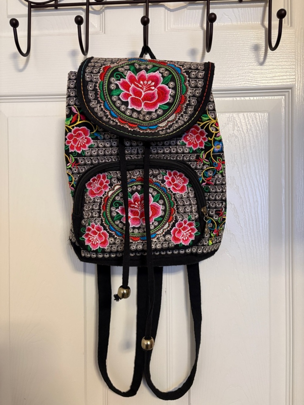 Embroidered Floral Black Mini Backpack
